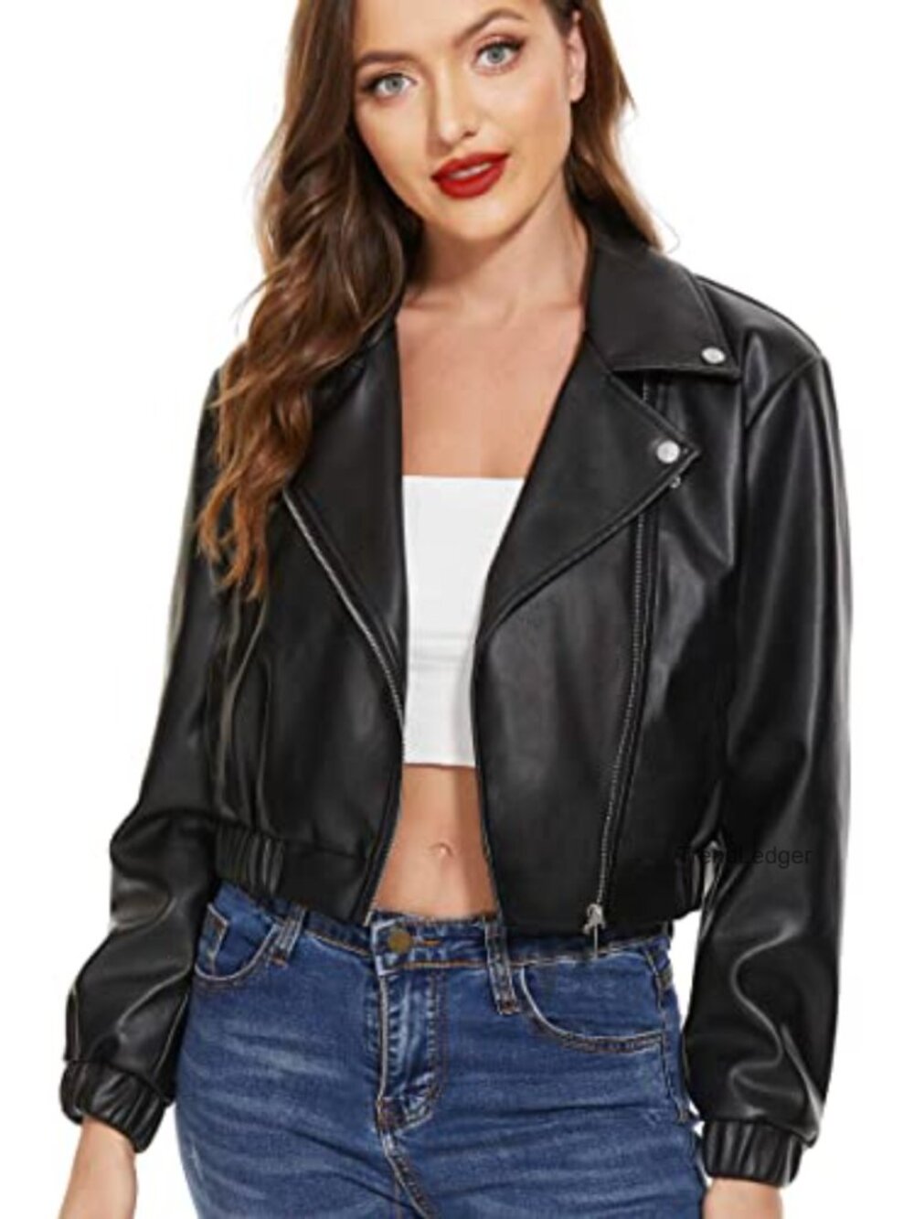 Faux Leather Cropped Moto Jacket Long Sleeve Zip Utility Pocket